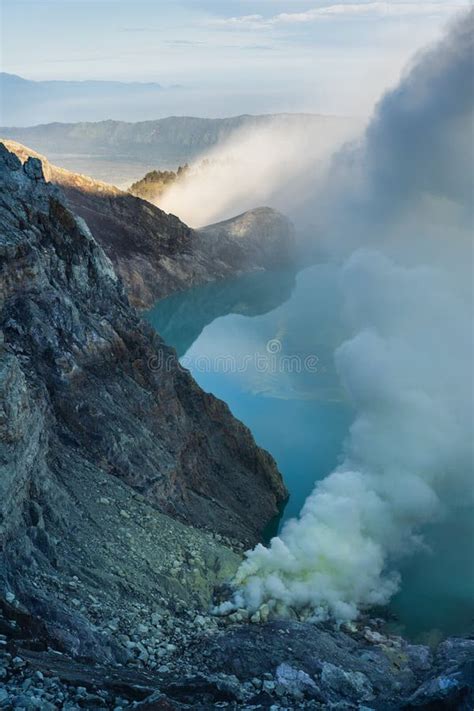 Mount Ijen Volcano with Crater Lake on Sunrise Stock Photo - Image of ...