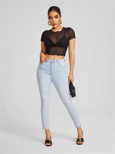 Shein Bae Lettuce Trim Sheer Mesh Crop Top Without Bra Shein