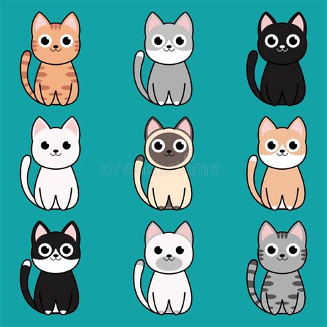 Different Cartoon Cats Front Border Set Poses And Emotions Stock