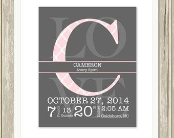 Monogram Letter Nursery Art Birth Details Baby Girl Etsy