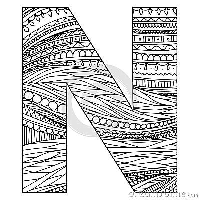 Zentangle Stylized Alphabet Letter N Vector Illustration Black White