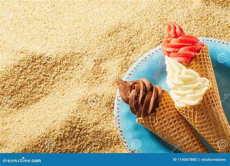 Crispy Wafer Cones With Ice Cream Against Sand Stock Photo Image Of