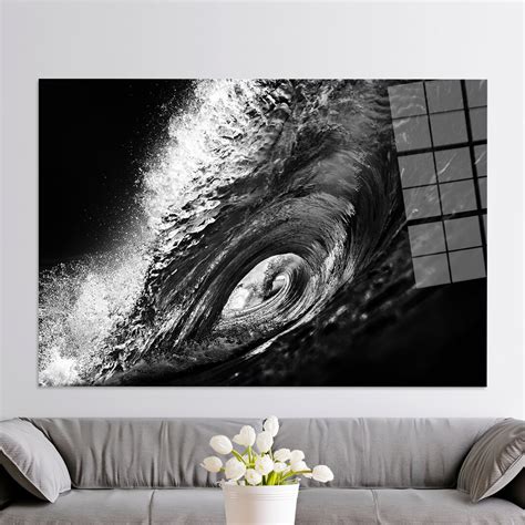 Glass Wave Landscape Glass Art Black And White Surf Glass Art Glass Wall Art Modern Black