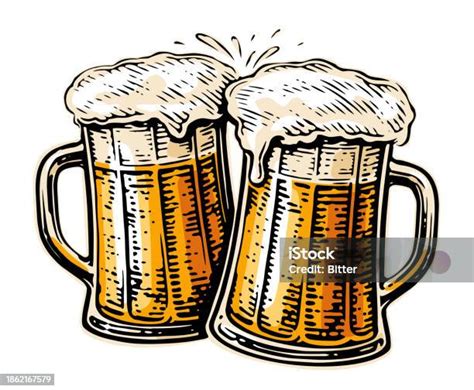 Hand Drawn Two Toasting Beer Mugs Clinking Glass Tankards Full Of Beer And Splashed Foam Cheers