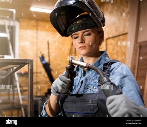 Front View Woman With Welding Tool Stock Photo Alamy