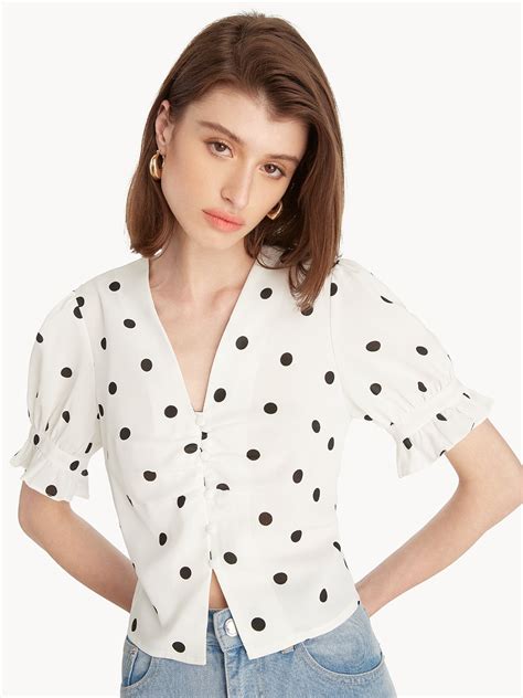 Puffed Sleeves Polka Dot Top White Pomelo Fashion