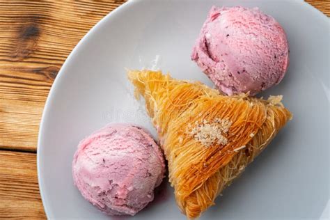 Close Up Photo Of Turkish Baklava Served With Ice Cream Stock Image