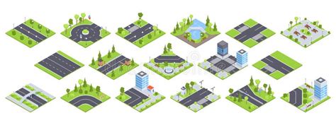 Elementos De Mapa De Ciudades Isométricas Carreteras Callejeras