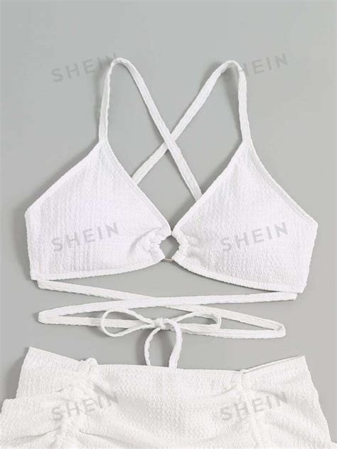 Shein Swim Mod Solid Bikini Set O Ring Detail Criss Cross Bra Bikini