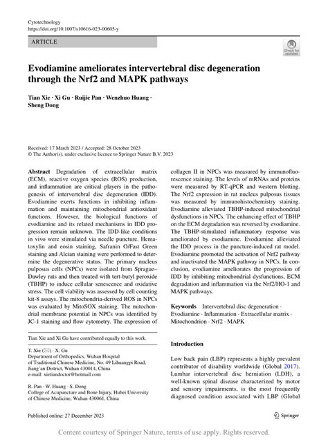 Evodiamine Ameliorates Intervertebral Disc Degeneration Through The