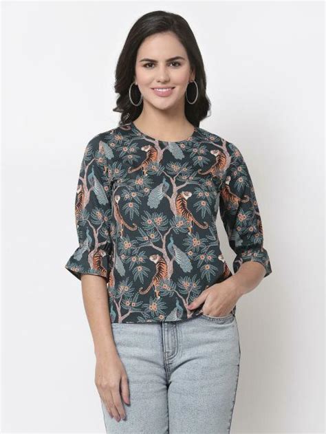 Buy Style Quotient Green Floral Print Keyhole Neck Roll Up Sleeves Tropical Crepe Top Online At