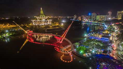 Aerial View Of Kuching City Sarawak Malaysia Night Shot Stock Photo