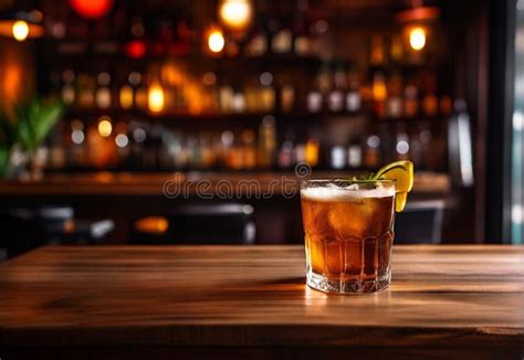 Wooden Table With A View Of Blurred Beverages Bar Backdrop Stock