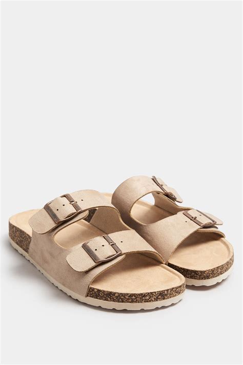 Beige Brown Faux Suede Buckle Strap Footbed Sandals In Extra Wide EEE