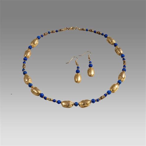 Egyptian Revival Gold Filled Scarabs And Lapis Lazuli Necklace