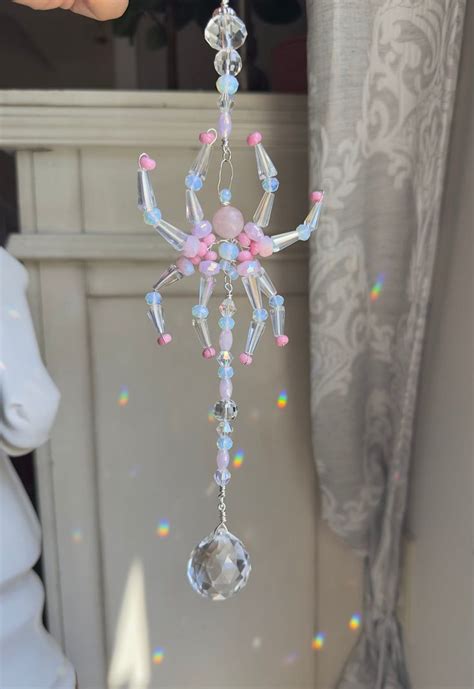 Crystal Beaded Spider Suncatcher Feng Shui Home Decor Rose Quartz