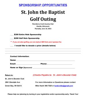 Fillable Online Sponsor Form 2015 SJB Golf Outing St John The