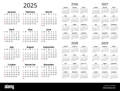 2025 2026 2027 2028 2029 Years English Calendars With 12 Months