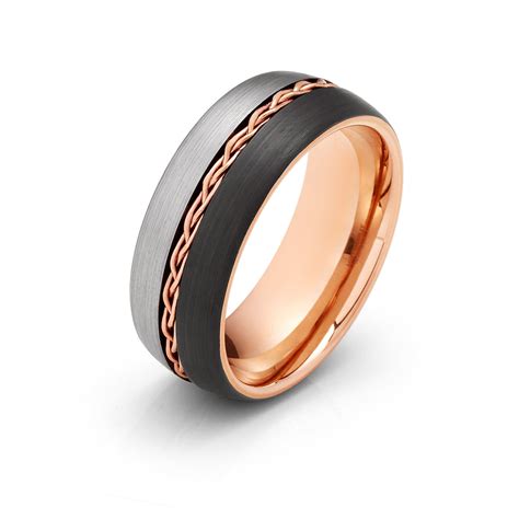 8mm Rose Gold Tungsten Carbide Ring Braid Brushed Black And Gunmetal