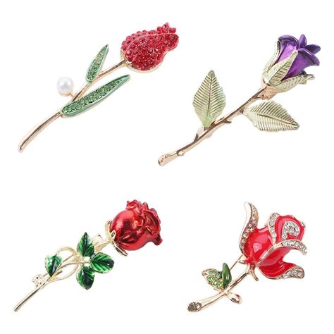 Elegante Rote Rose Blume Broschen Kristall Emaille Abzeichen Pin