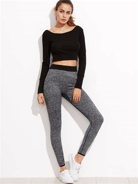 Marled Knit Contrast Binding Leggings Shein Sheinside