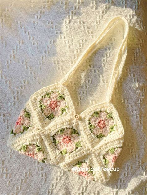 Crochet Handmade Sakura Cherry Blossoms Flower Granny Square Shoulder