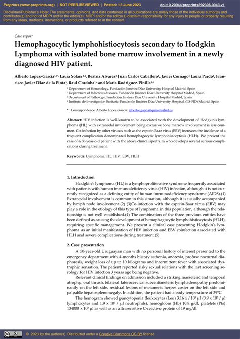 PDF Hemophagocytic Lymphohistiocytosis Secondary To Hodgkin Lymphoma