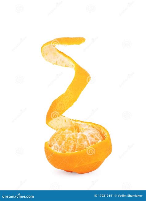 Orange With Peeled Spiral Skin On A White Background Stock Image