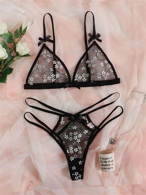 Floral Pattern Sheer Mesh Lingerie Set SHEIN EUR