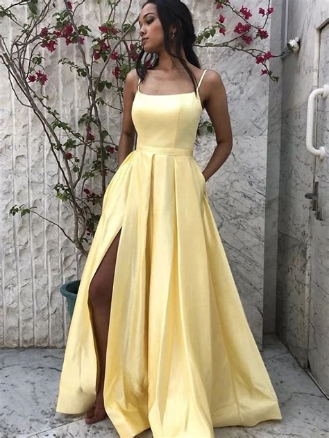 A Line Spaghetti Straps Yellow Satin Long Prom Dresses With Leg Slit Morievent