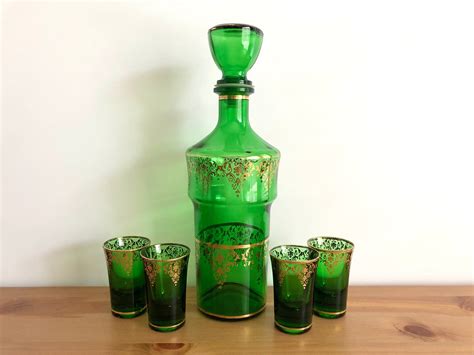 Vintage Green Decanter Set With Gold Trim And 4 Liquor Glasses Etsy