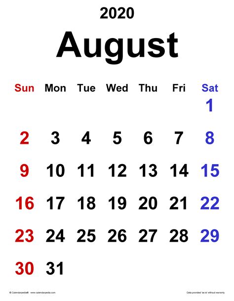 August 2020 Calendar Templates For Word Excel And Pdf