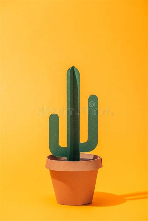 Handmade Green Paper Cactus In Flower Pot On Orange Stock Image