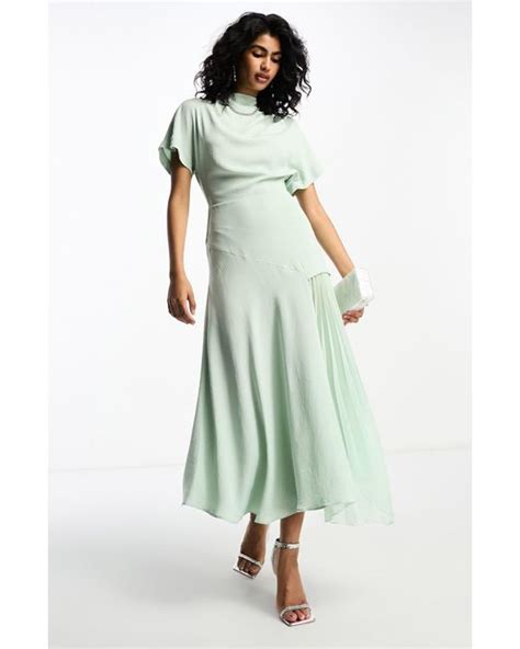 Asos Flutter Sleeve Hammered Satin Midi Dress In Green Lyst