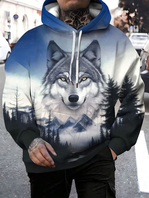 Manfinity Legnd Men S Hooded Sweatshirt With Wolf Print Hunting