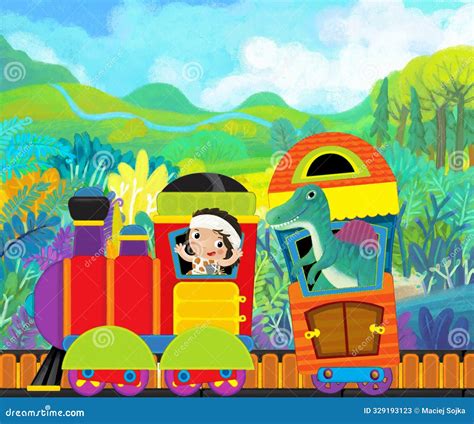 Cartoon Funny Looking Colorful Train Locomotive Wagon with Dino ...