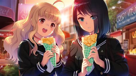 2girls Aqua Eyes Azurite Company Blonde Hair Blush Brown Eyes Game Cg