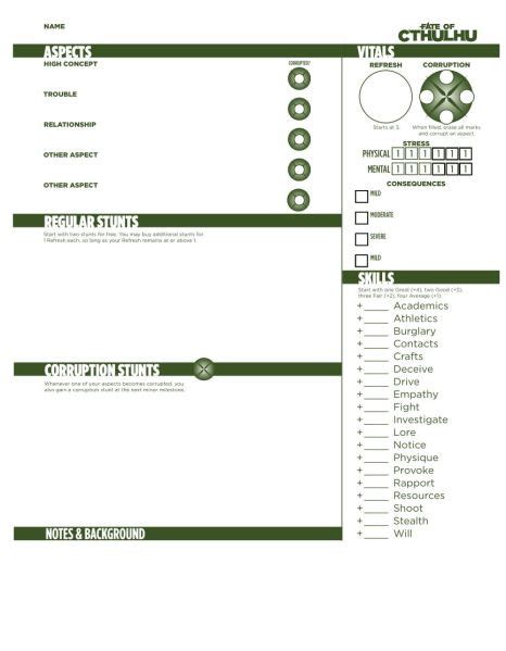 Fate Of Cthulhu Character And Timeline Sheets Polyhedral Nonsense