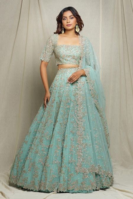 Buy Green Net Embroidery Cutdana And Sequin Square Neck Bridal Lehenga