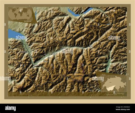 Valais, canton of Switzerland. Colored elevation map with lakes and rivers. Locations and names ...