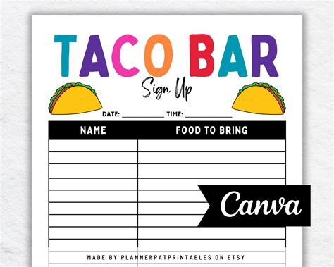 Taco Bar Sign Up Sheet Printable For Mexican Fiesta Potluck Etsy