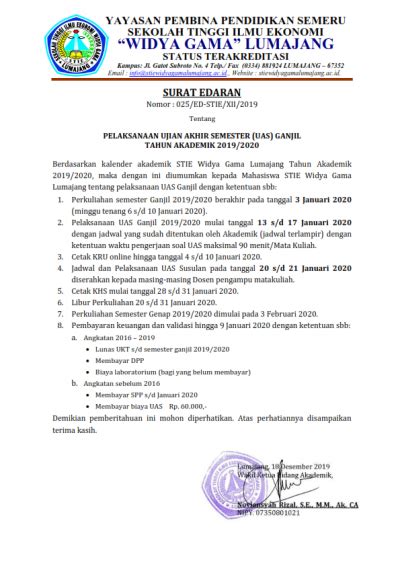 Surat Edaran Pelaksanaan Ujian Akhir Semester Uas Ganjil Ta 20192020 Institut Teknologi