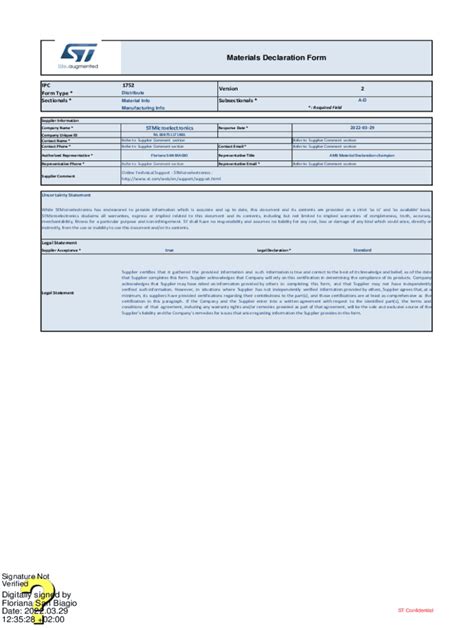 Fillable Online Material Declaration Stmicroelectronics Fax Email