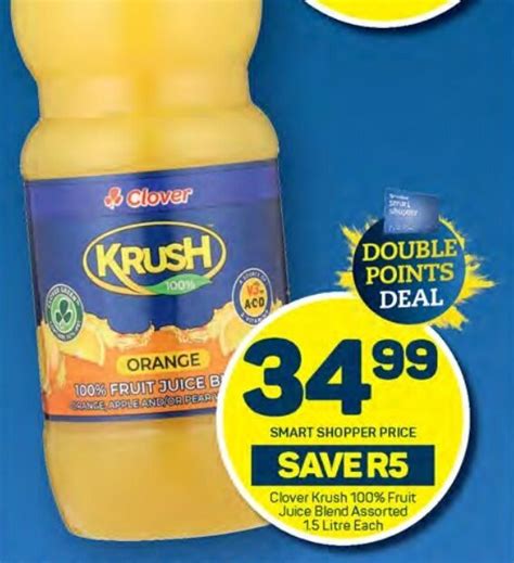 Clover Krush 100 Fruit Juice Blend Assorted 1 5 Litre Each Offer At Pick N Pay