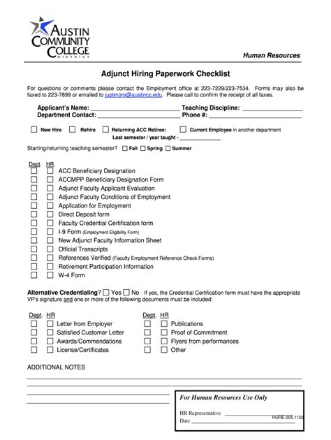 Fillable Online Austincc Adjunct Hiring Paperwork Checklist Austin