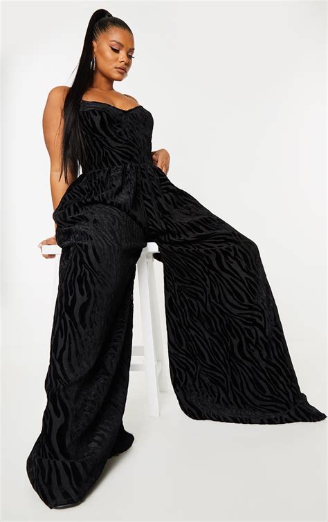 Plus Black Zebra Devore Cup Wide Leg Jumpsuit Plus Size