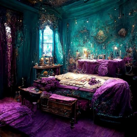 Teal Purple Elven Bedroom Covered In Potions Gems Lace Curtains