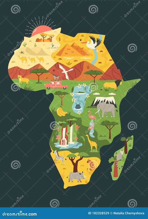 Map of Africa with Famous Natural Landmarks and Animals Stock Vector ...