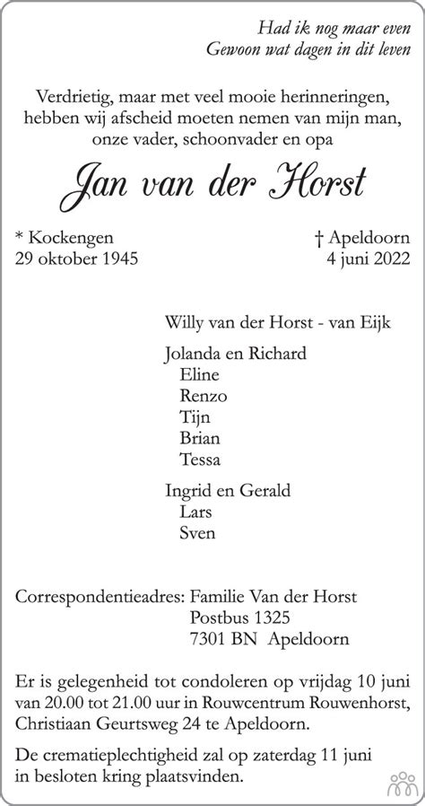 Jan Van Der Horst 04 06 2022 Overlijdensbericht En Condoleances