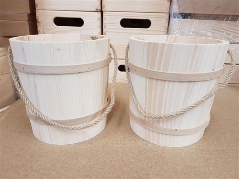 Set Two Wooden Buckets In Diameter 15 Cm With Cord As A Handle Wooden